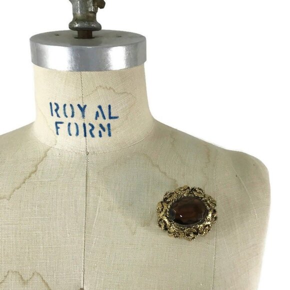 Vintage 60s 70s Brooch Original by Robert Brass Glass Smokey brown Pin Jewelry - Picture 1 of 5